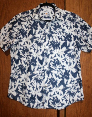 Split Men Polyester Blend Beige w/Blue Floral Button Down SS Collared Shirt M - Image 1 of 4