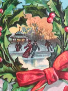 Merry Christmas Couples Ice Skating Scenic View Wreath Embossed Postcard 1909 - Picture 1 of 6