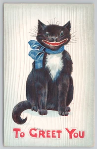 To Greet You Smiling Cat Black and White Kitty Antique Postcard Blue Bow 1910's - Picture 1 of 5