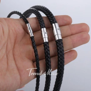 4/6/8MM Mens Black Braided Cord Rope Leather Necklace Choker w/ Magnetic Clasp - Picture 1 of 22