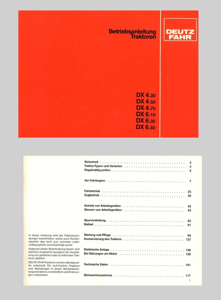 DEUTZ DX 4.30 4.50 4.70  DX 6.05 6.10 6.30 6.50 Betriebsanleitung Original 1983 - Bild 1 von 1