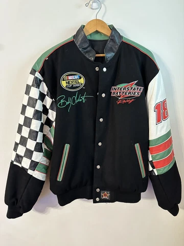 VINTAGE NASCAR JEFF HAMITOLN JACKET MENS SIZE LARGE BOBBY LABONTE #18 GREEN RACE Cover