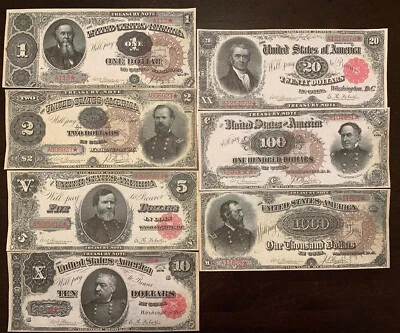 Juego completo de reproducción de billetes del Tesoro de Estados Unidos de 1890 $1-$1000 ¡Leer descripción completa!! Foto 1 de 4
