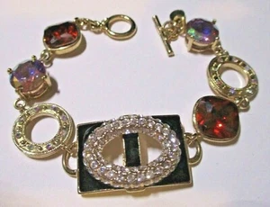 Kirks Folly Crystal Gemstone Station Toggle Bracelet w/ Black Enamel-Goldtone - Picture 1 of 7