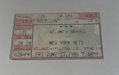 Atlanta Braves Vs New York Mets Game day ticket Stub. 6/23/1995. Javy Lopez HR Cover