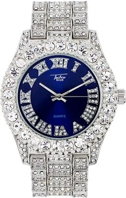 Reloj Hombre Completamente Helado Bling Rapero Laboratorio Simular Diamante Banda Plata Lujo Azul Foto 1 de 4