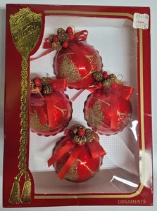 4 Pack of VICTORIA COLLECTION CHRISTMAS ORNAMENTS - RED GLASS WITH GOLD TREES - Picture 1 of 7