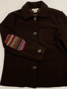 VTG Talbots Petites Brown Boiled Wool Coat Embroidered Multicolored Patches S - Picture 1 of 10