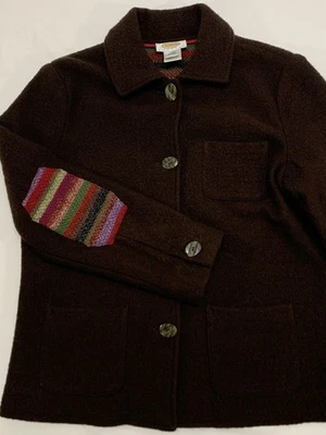 复古 Talbots Petites 棕色煮羊毛大衣刺绣多色补丁 S — 第 1/4 张图片