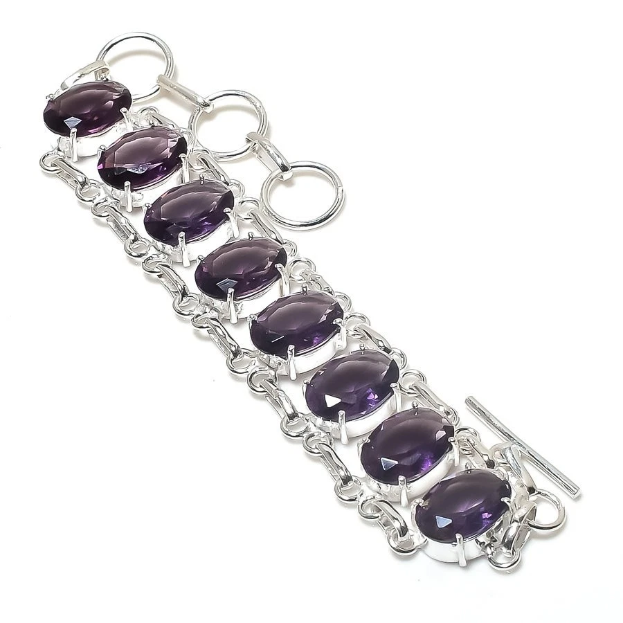 Purple Amethyst Gemstone Handmade 925 Sterling Silver Jewelry Bracelet Size 7-8" - Image 1 of 1