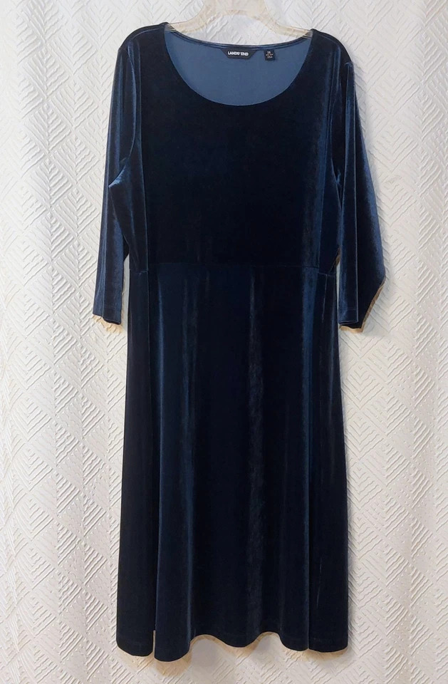 Lands End Velvet Shift Dress Women's 2X (20W-22W) Blue 3/4 Sleeves Holiday Party - Image 1 of 4