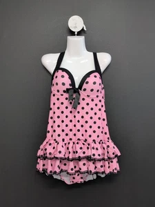 Retro Stage 1940s Halter Polka Dots Bow One Piece Swimsuit Womens Size 2XL Pink - Picture 1 of 15