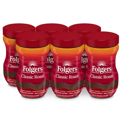 (6 pack) Folgers Classic Roast Instant Coffee, 12 oz Jar