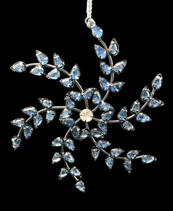 Vintage Smokey Blue Faceted Rhinestone & Gray Metal Floral 5" Christmas Ornament - Picture 1 of 8