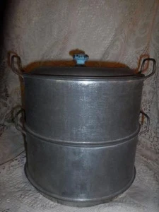 Antik Blech Metall 2 Ebenen Griff Porzellan Knopf Dampfgarer Pfanne Korb Herd Set - Bild 1 von 12