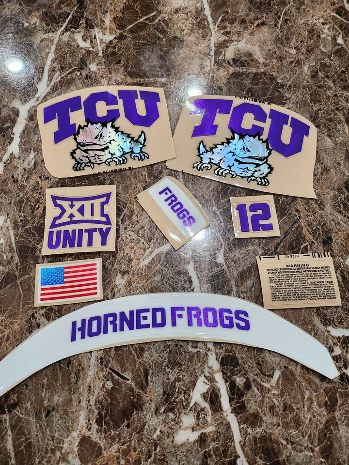 TCU Horned Frogs football helmets 3M vinyl decals chrome Full size - Image 1 of 1