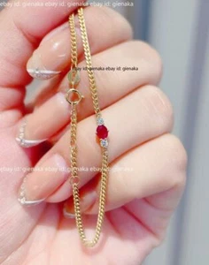 Real Solid 18K Yellow Gold Natural Pigeon Blood Ruby Diamond Cuban Curb Bracelet - Picture 1 of 5