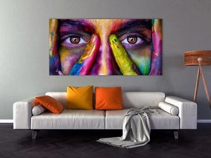 Girl With Colorfully Painted Face Canvas Wall Art, Colorful Face Poster Print. - Picture 1 of 12