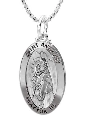 Mujer925 Plata de Ley Saint Anthony Antiguo Acabado Ovalado Colgante Collar, 2 - Imagen 1 de 4