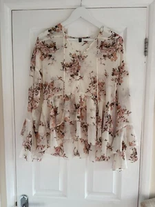 NWOT H&M Women's Cream/Floral Flounced Chiffon Long Sleeve Blouse UK Size 6 - Picture 1 of 6