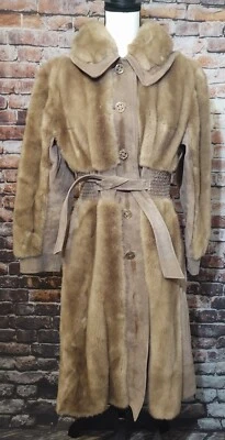VINTAGE LYKAFUR PRISCILLA MODES FAUX FUR DRESS COAT SUEDE TAN BELTED TRENCH  - Image 1 of 4