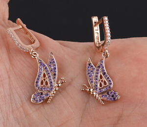 BUTTERFLY AMETHYST ROSE GOLD COLORED OVER STERLING SILVER EARRINGS #45238