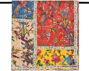 Bird Print Kantha Quilt Cotton Bedspread Traditional Bedcover King Size Blankets