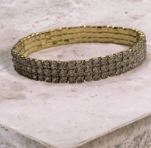 Diamond Gold Tone Bling Stretch Fashion Bracelet Glam Formal Black Tie Prom NEW - Picture 1 of 4