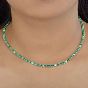 Zambian Emerald H/SI Round Natural Diamond Tennis Necklace Chain 10k White Gold - Picture 1 of 5