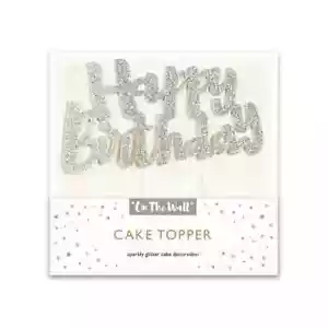 ON THE WALL® PARTYWARE - SILVER GLITTER CAKE TOPPER - HAPPY BIRTHDAY - £2.49 - Picture 1 of 3