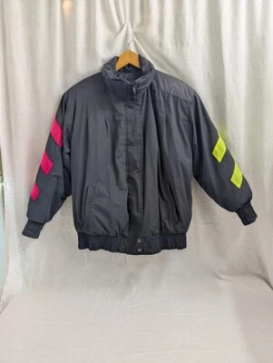 Chaqueta de esquí Be in the Current Seen para hombre mediana vintage, negra y neón, cremallera Foto 1 de 4