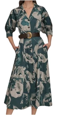 NWT Donna Karan New York Floral Shirt Dress, Sz 8, Hudson/Sage Multi, $189 - Image 1 of 4