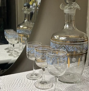 Böhmische handbemalte und mundgeblasene Glaskaraffe mit 3 Cordial Gläsern 19. - Bild 1 von 18