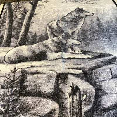 Vintage Biederlack Blanket Wolf Wolves on Cliff Fleece Made in USA 55x75.5" - Image 1 of 4
