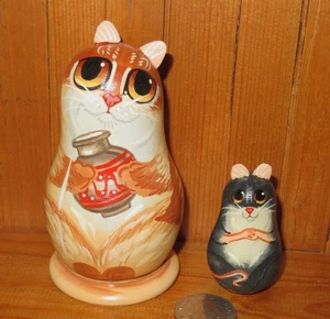 GINGER CAT & Milk Jug MOUSE Matryoshka 2 Nesting Russian Dolls Makarova signed - Picture 1 of 10