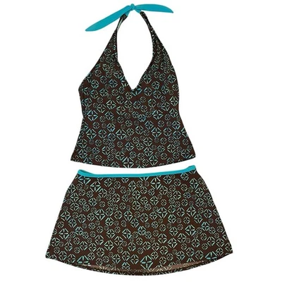 Athleta Halter Tankini Swim Skirt Two-Piece Set M/L Brown Teal Full Coverage - Image 1 of 4