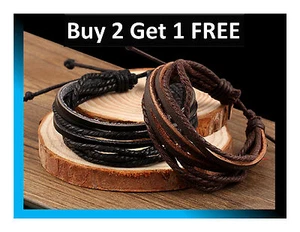 UNISEX BLACK & BROWN LEATHER WRISTBAND BRACELET BRAIDED MULTILAYER Free Delivery - Picture 1 of 6