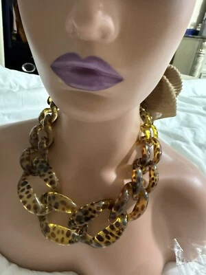 Acrylic Big Curb Blue Leopard Brown Fat Link Chain Chunky Statement Necklace - Image 1 of 2