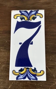 Vintage Ceramic Tile Blue & Yellow Address House Number 7 Made In Spain 6” X 3” - Picture 1 of 2