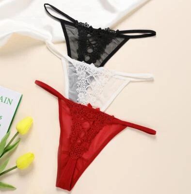 Paquete de 3 bragas sexy para mujer de encaje transparente bikini tanga cuerda en G ropa interior lencería Foto 1 de 4