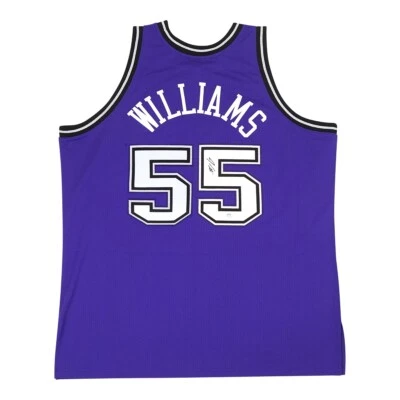 Camiseta deportiva púrpura auténtica firmada por Jason Williams 1998-99 Sacramento Kings M&N PSA Foto 1 de 4