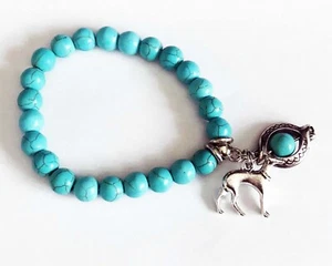Faux Turquoise Stretch Bracelet w SP Greyhound Dog or Whippet Charm - Picture 1 of 2