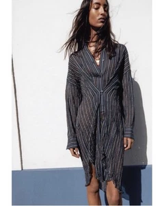 ZARA Elegant Fine Crinkle Cotton Striped Midi Shirt Dress Size L - Picture 1 of 7