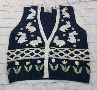 Marisa Christina MUJERES XL Tejido a Mano Suéter Chaleco Azul Floral Conejito Botón De Colección Foto 1 de 4