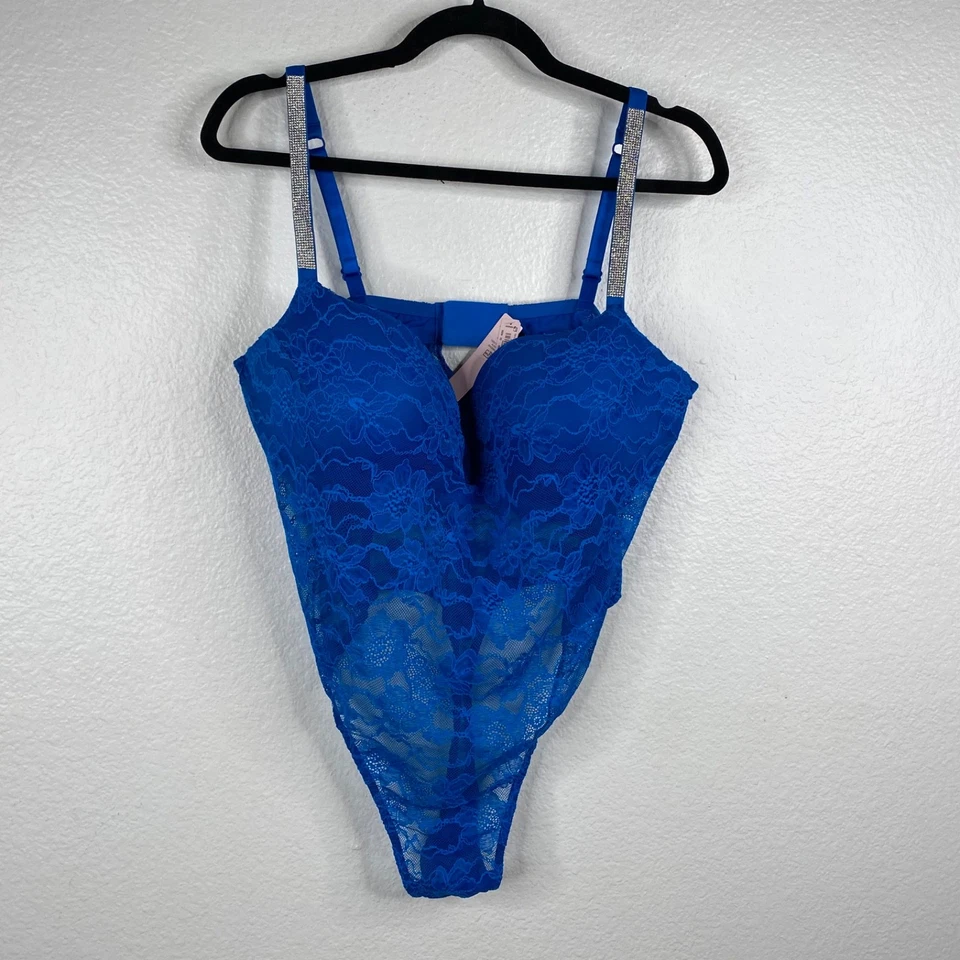 Nuevo con etiquetas Victoria Secret Mujer Tanga Body U Alambre Transparente Encaje Estrás Azul XXL Foto 1 de 4