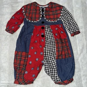 Vintage 90s Plaid Denim & Flower Patchwork Bubble Romper 18 Month Youngland - Picture 1 of 9
