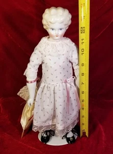 German Blonde Porcelain China Head Blue Eye Doll W/ Umbrella Cloth Body 14" - Picture 1 of 6