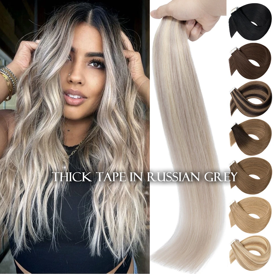 Tape-In THICK Russian Remy Human Hair Extensions FULL HEAD Invisible Skin Wefted - image 1 of 4