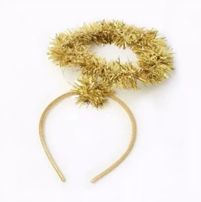 Novelty Fancy Dress Christmas Gold Tinsel Halo On Headband Alice Band New