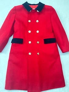 Harrod's Girls Red Wool Coat Sz 8 Velvet Collar Buttons Formal - Holiday - Picture 1 of 16